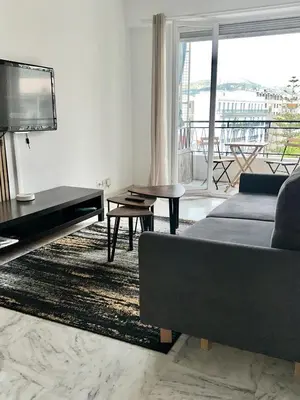 a living room with a couch and a flat screen tv at Orangers Apartment in Nice