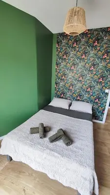 a bed with a green wall with twoweaponsomalyomaly at Appartement 90m2, climatisé 3 chambres in Nice