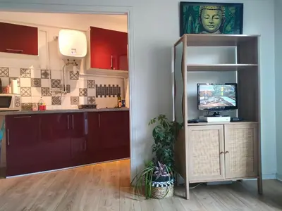 a room with a kitchen with a tv on a shelf at Studio avec balcon à 7 min du port et de Garibaldi in Nice