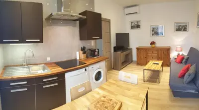 a kitchen and a living room with a couch at LA MAÏOUN DI JOSE - Appt 2 pièces nice centre cœur marché de la libération in Nice