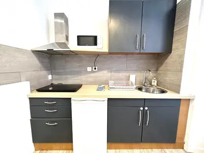a kitchen with black cabinets and a sink at Studio mezzanine sur le port in Nice