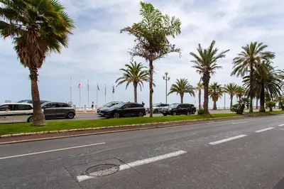 a street with cars parked on the side of a road with palm trees at L39 Suite Promenade des Anglais, Vue Mer Terrasse&WIFI in Nice