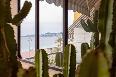 a view of the ocean from a window with a cactus at L39 Suite Promenade des Anglais, Vue Mer Terrasse&WIFI in Nice