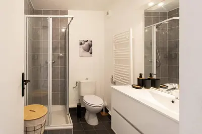 a bathroom with a toilet and a shower and a sink at L44 1BDR Flat 10mins walk to port/Balcon, Parking, AC in Nice