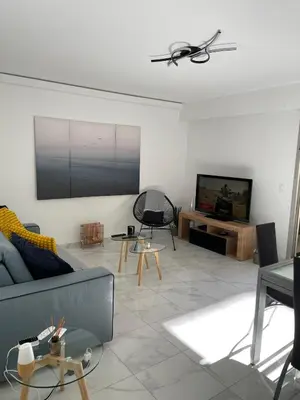 a living room with a couch and a flat screen tv at Superbe appartement carré Delfino Port de Nice in Nice